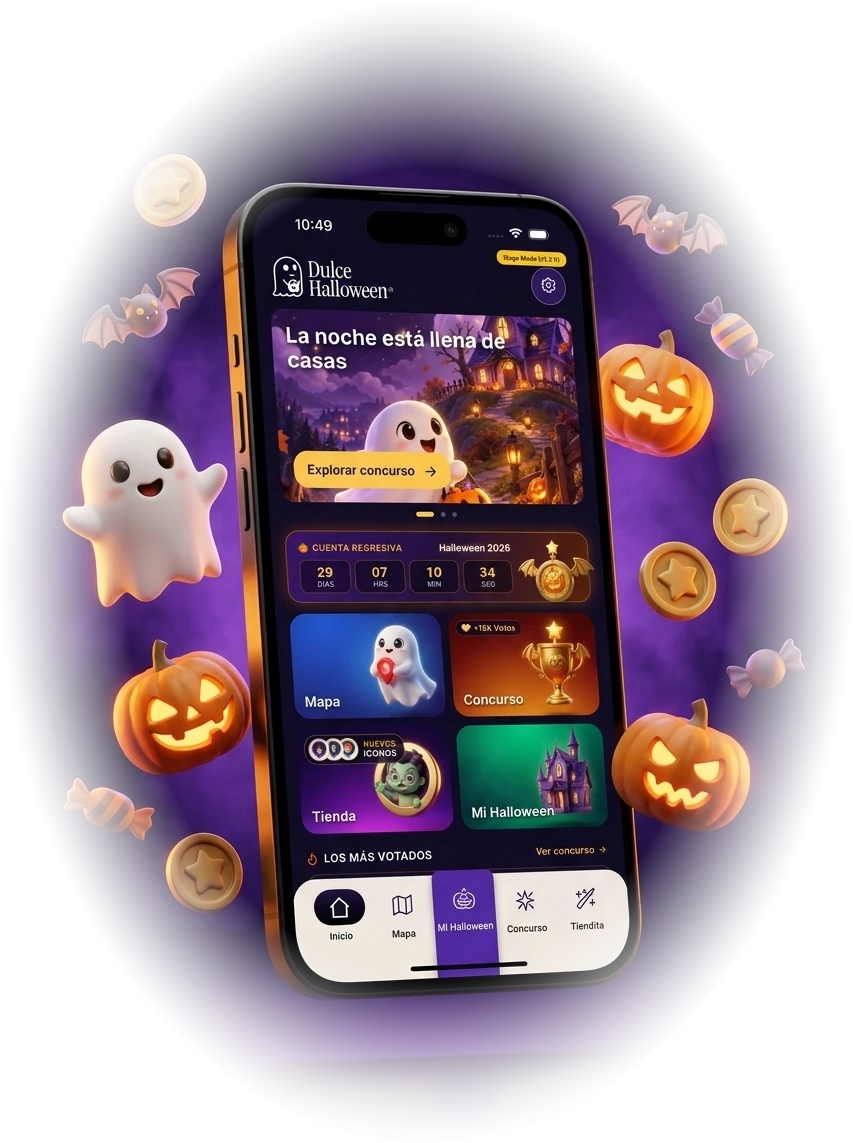 Pantalla oficial de la app Dulce Halloween 2026 en iPhone 3D