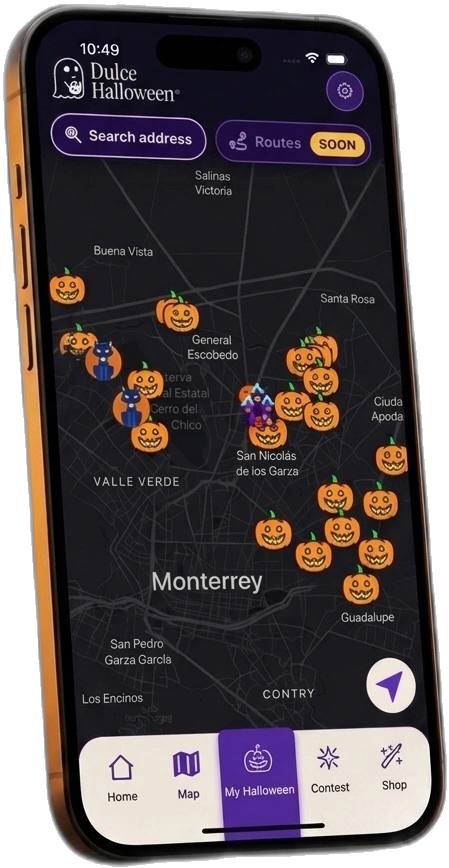Pantalla de mapa interactivo Dulce Halloween 2026 en iPhone