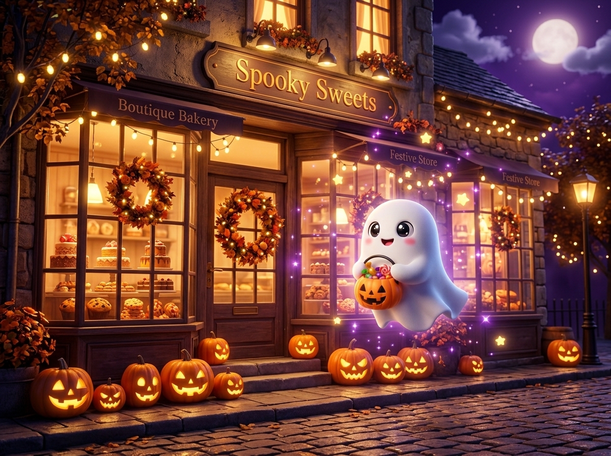 El fantasmita de Dulce Halloween con su cubeta de calabaza frente a una dulcería decorada